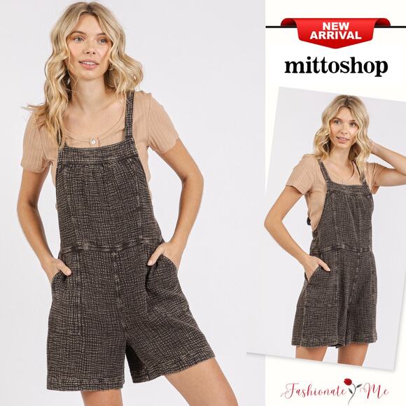 Mittoshop Textured Knotted Wide Strap Pockets Mineral Wash Overalls | Black - Picture 1 of 5